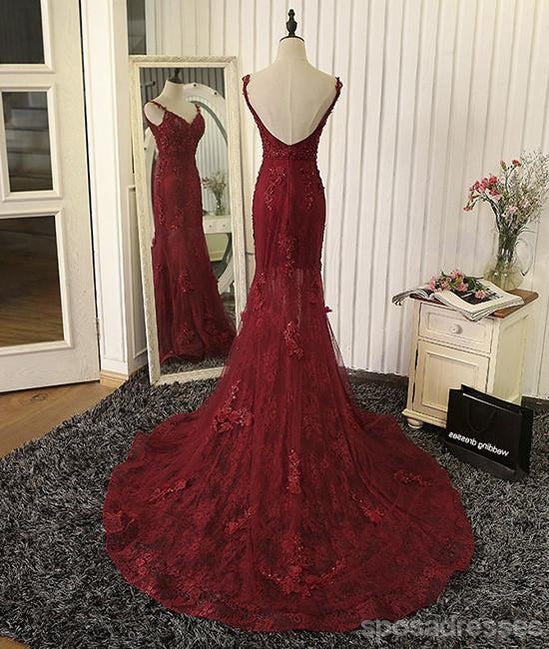 Sexy Backless Red Lace Mermaid Long Evening Prom Dresses, 17660