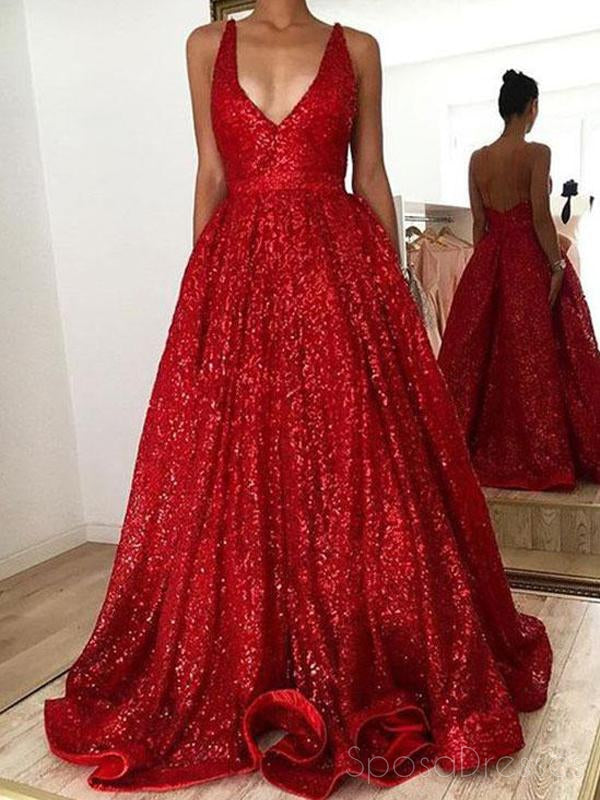 V Neck Backless Sparkly Red A-line Long Evening Prom Dresses, 17666