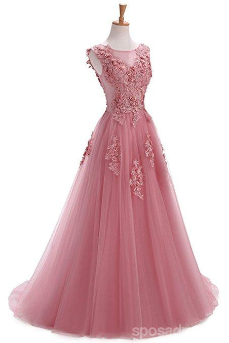 Custom Formal Pink Lace A-line Long Evening Prom Dresses, 17669