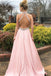 Sexy Backless Pink Halter A-line Long Evening Prom Dresses, 17685
