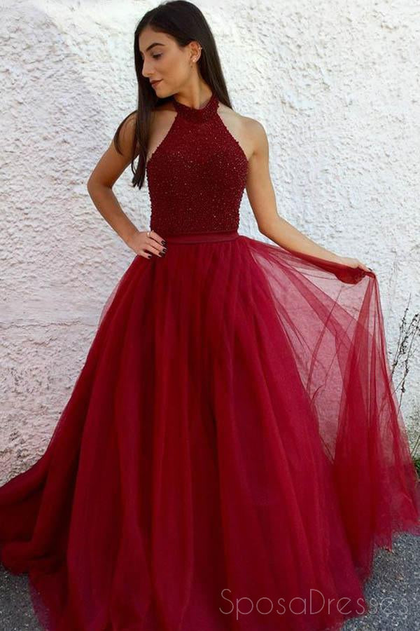 Sexy Backless Red Halter Beaded A-line Long Evening Prom Dresses, 17686