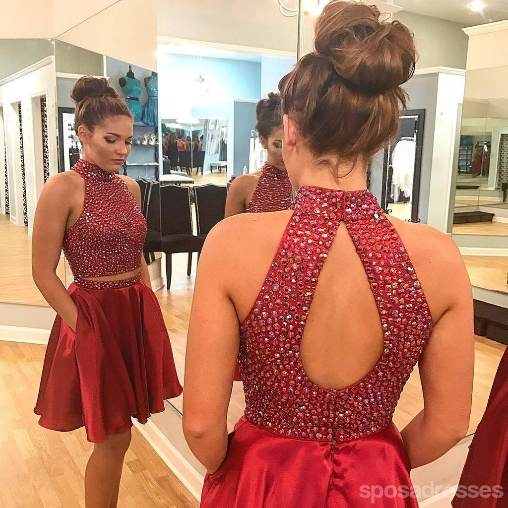 Sexy Two Piece Short Rhinestone Cute Red Homecoming Dresses 2018, CM484