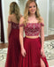 Dark Red Off Shoulder Two Pieces Side Slit Evening Prom Dresses, 17500