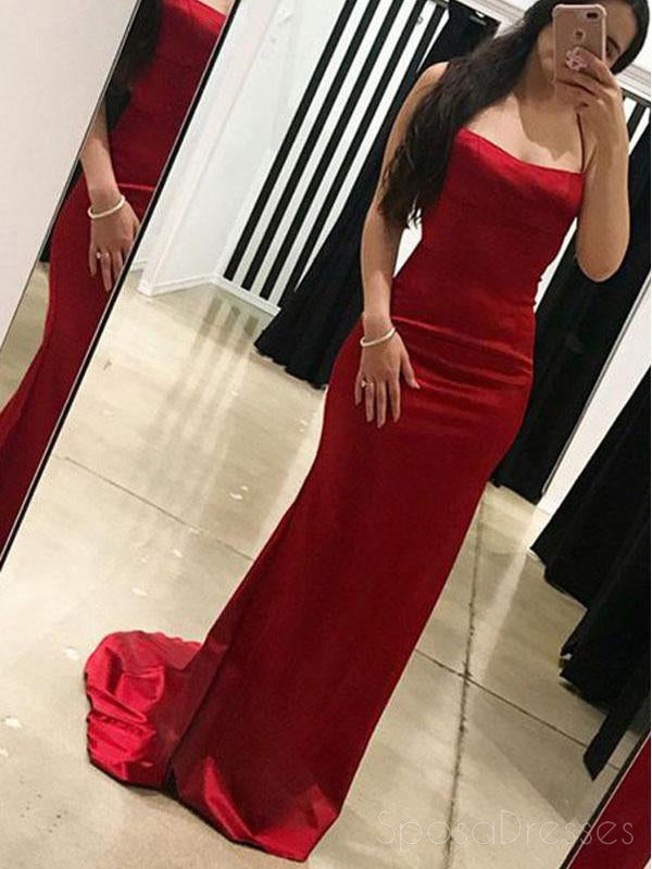 Sexy Red Backless Straight Neck Mermaid Long Evening Prom Dresses, 17695