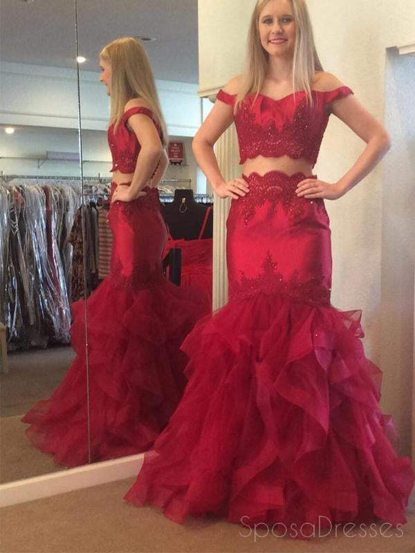 Red Off Shoulder Two Pieces Mermaid Long Evening Prom Dresses, 17568