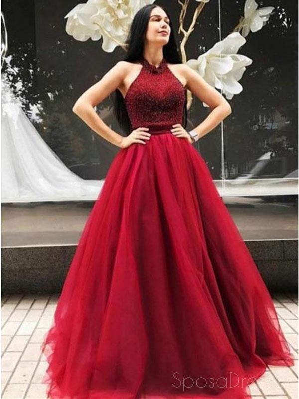 Sexy Backless Red Halter Beaded A-line Long Evening Prom Dresses, 17686