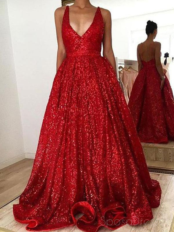 V Neck Backless Sparkly Red A-line Long Evening Prom Dresses, 17666