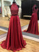 Dark Red Halter Open Back Beaded Floor Long Custom Evening Prom Dresses, 17423