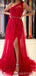 Red A-line One Shoulder High Slit Cheap Long Prom Dresses Online,12876