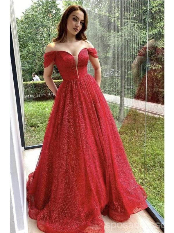 Red A-line Off Shoulder V-neck Cheap Long Prom Dresses Online,12696