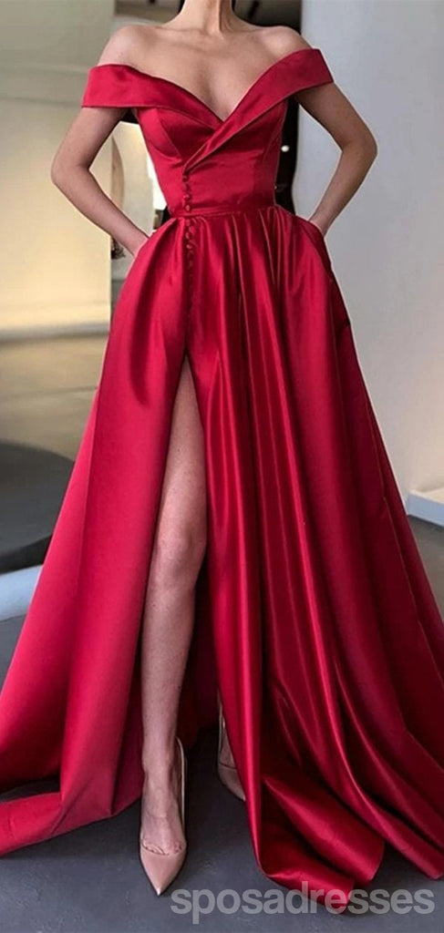 Simple Red A-line Off Shoulder High Slit V-neck Long Prom Dresses Online,12663