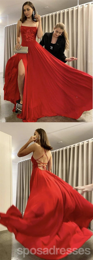 Red A-line Spaghetti Straps Backless High Slit Long Prom Dresses Online,12708