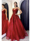 Red A-line Spaghetti Straps V-neck Cheap Long Prom Dresses Online,12719