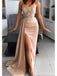 Rose Gold Mermaid Strapless High Slit Cheap Long Prom Dresses,13082