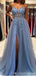 See Through Dusty Blue A-line Spaghetti Straps High Slit Long Prom Dresses,12940