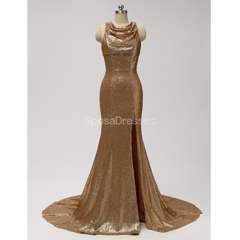 Gold Sequin See Through Halter Mermaid Long  Bridesmaid Dresses Online, WG598