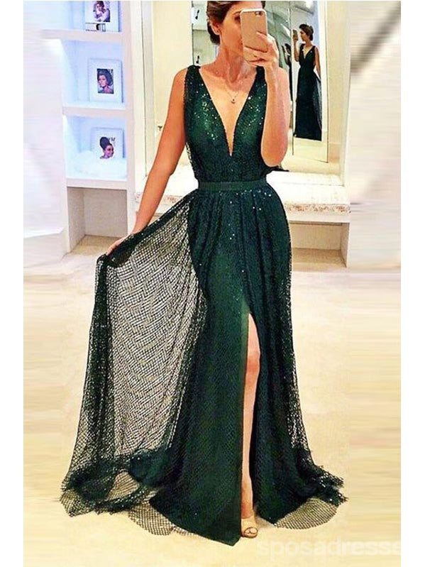 Sexy Green Mermaid High Slit V-neck Maxi Long Party Prom Dresses,13288