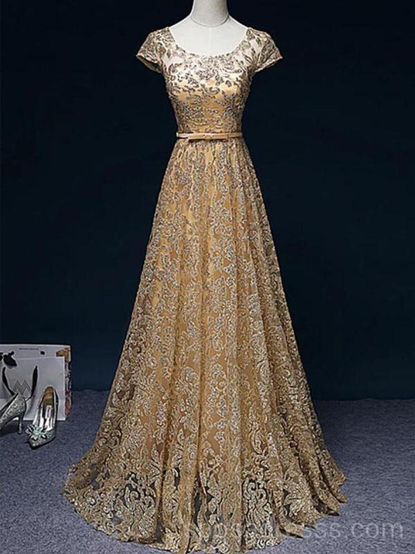 Sparkly Gold Kurze Ärmel lange Abend Ball Kleider, billige Custom Sweet 16 Kleider, 18541