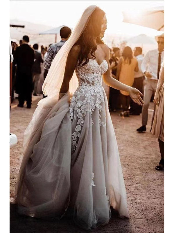 A-line Sweetheart High Slit Handmade Lace Wedding Dresses,WD797