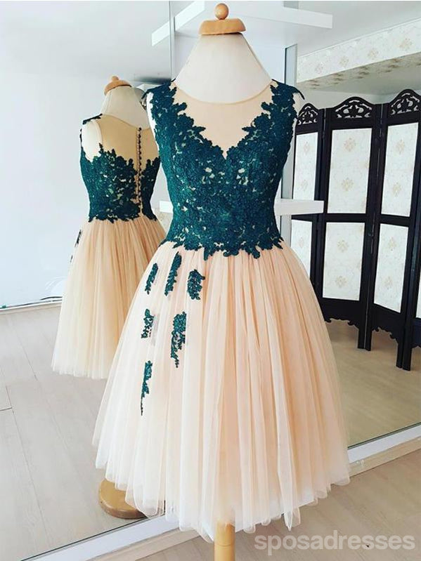 Teal Lace Applique Champagne Tulle Cheap Homecoming Dresses Online, CM587