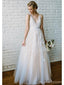 Champagne V Neck Cheap Wedding Dresses Online, Tulle A-line Bridal Dresses, WD436