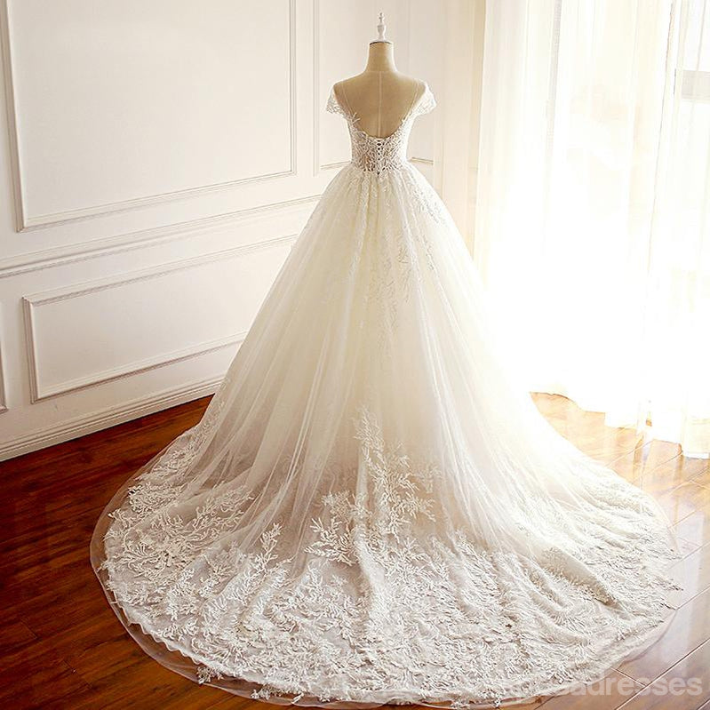 Cap Sleeve Scoop A-line Long Custom Cheap Wedding Bridal Dresses, WD297