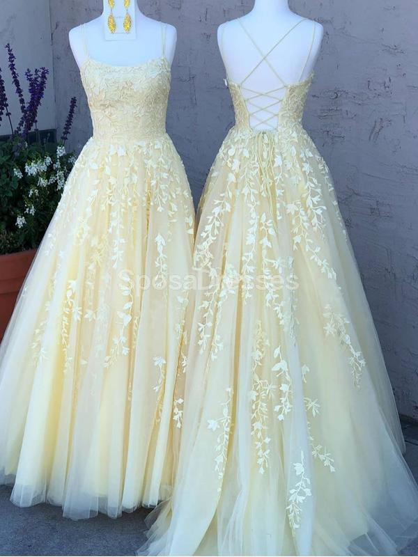 Κίτρινο Lace Applique Φορτωμένο Βραδινά Χορός Χορός, Βραδινά Κόμμα Prom Φορέματα, 12272